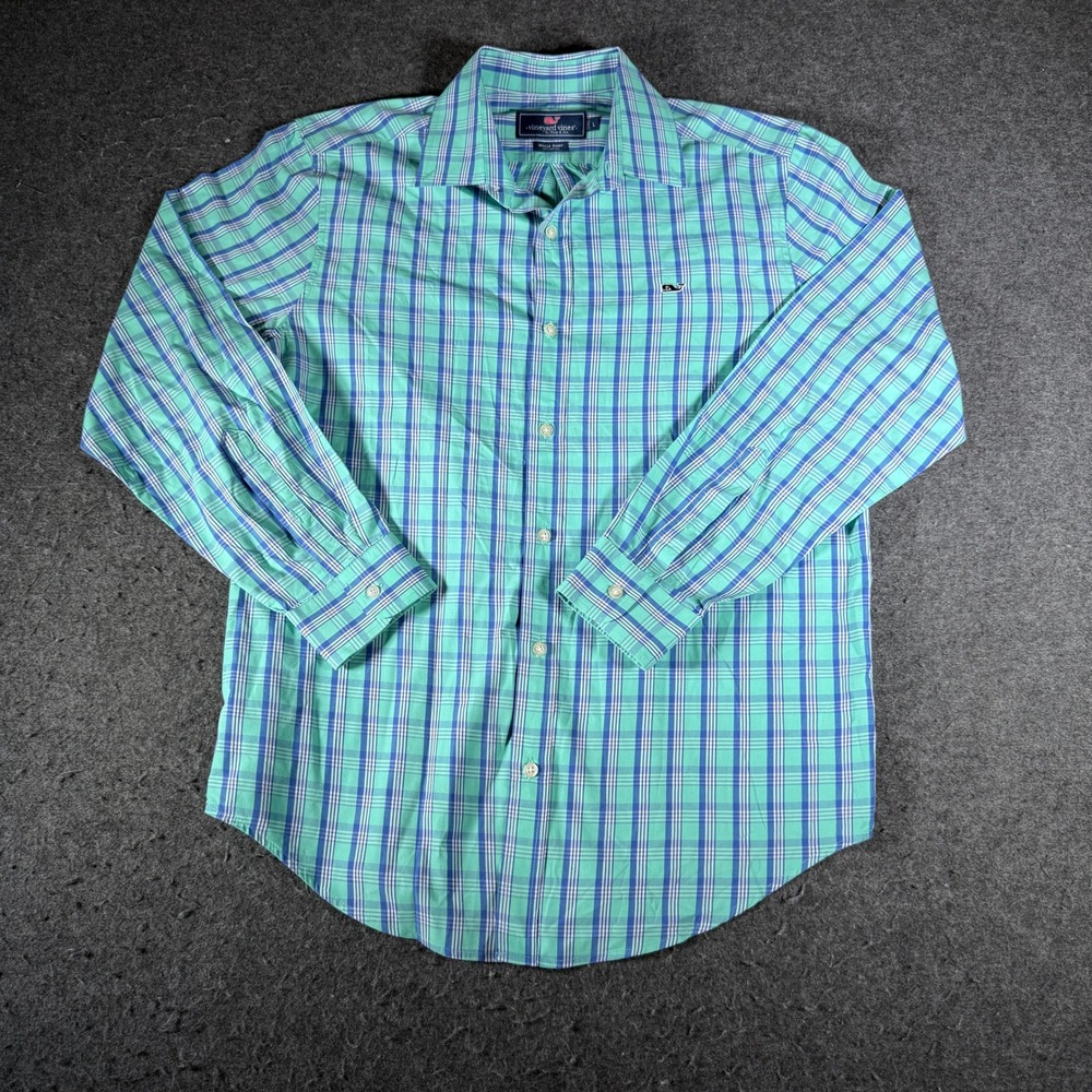 Vineyard Vines Mens Plaid Whale Shirt Green Blue Cotton Button Down 1W010251 L
